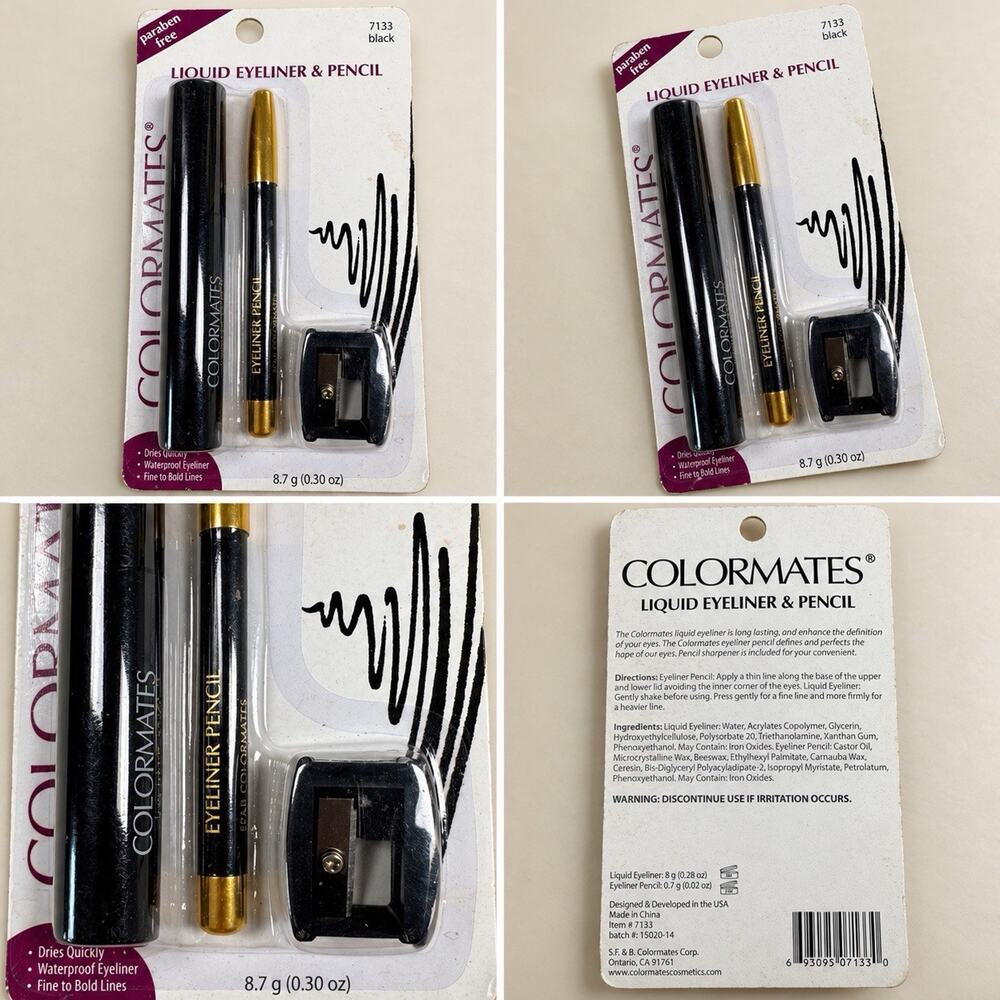 Colormates Black Liquid Eyeliner & Pencil Set With Sharpener 7133 Paraben Free